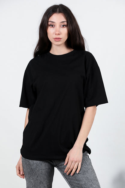 Kadın Bisiklet Yaka Oversize T-shirt Siyah