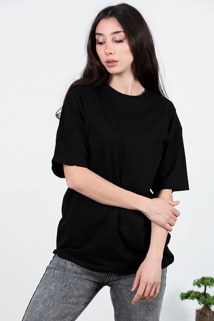 Kadın Bisiklet Yaka Oversize T-shirt Siyah
