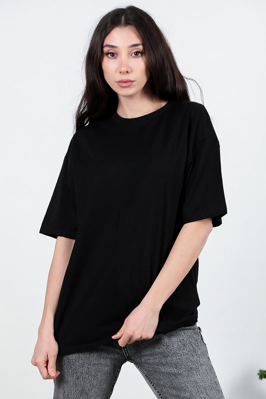Kadın Bisiklet Yaka Oversize T-shirt Siyah