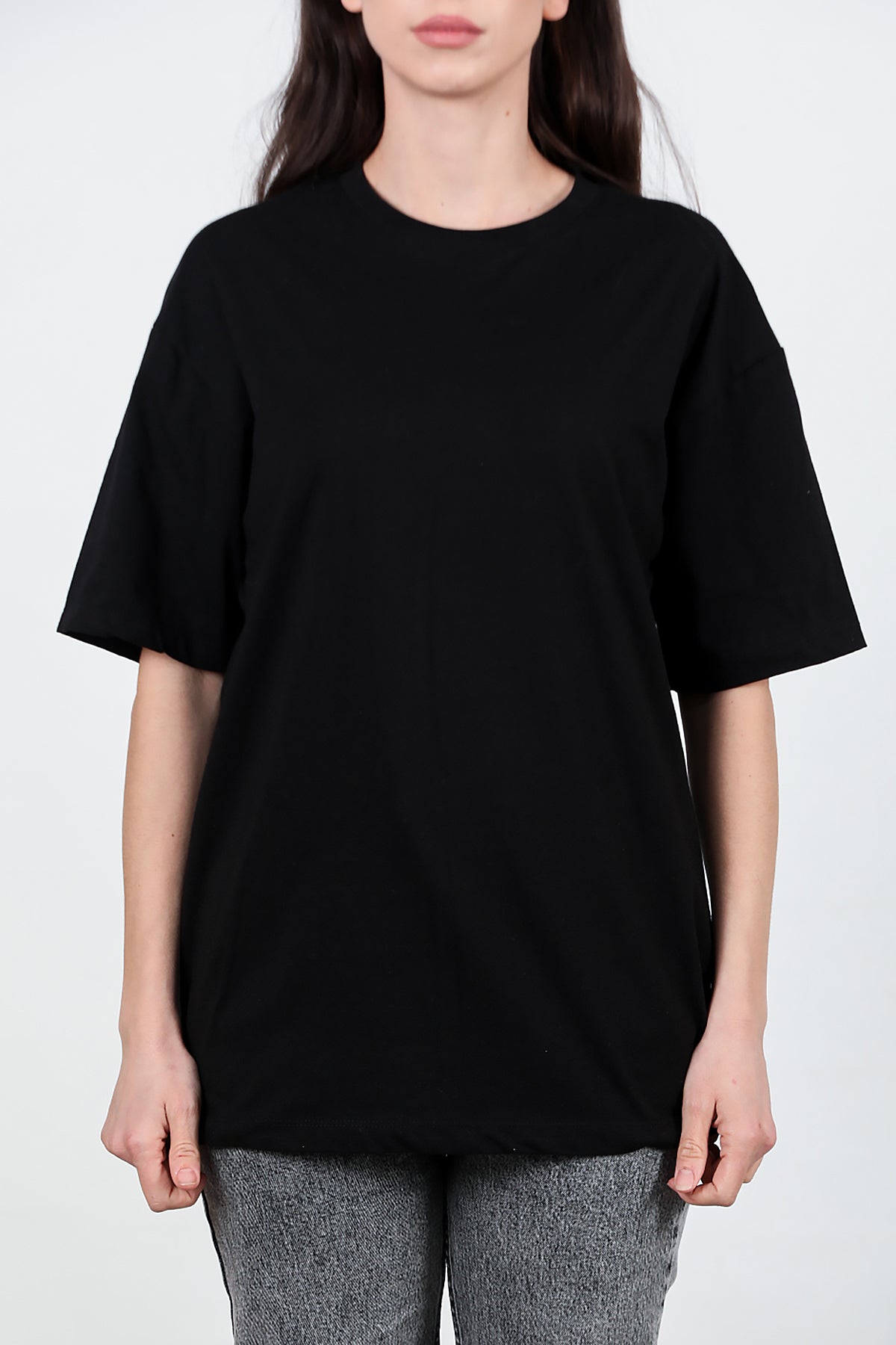 Kadın Bisiklet Yaka Oversize T-shirt Siyah