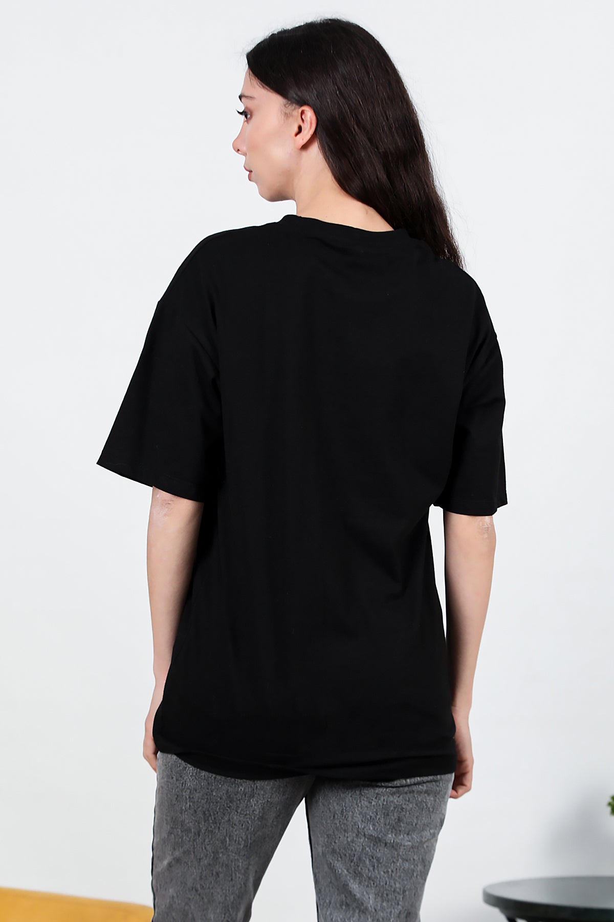 Kadın Bisiklet Yaka Oversize T-shirt Siyah