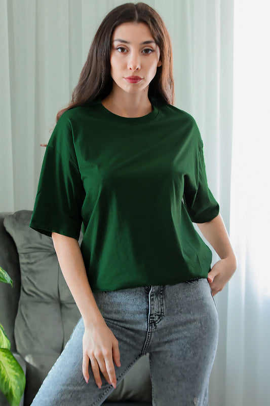 Kadın Bisiklet Yaka Oversize T-shirt Zümrüt