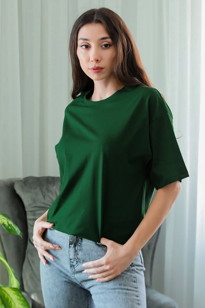 Kadın Bisiklet Yaka Oversize T-shirt Zümrüt