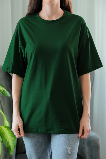 Kadın Bisiklet Yaka Oversize T-shirt Zümrüt