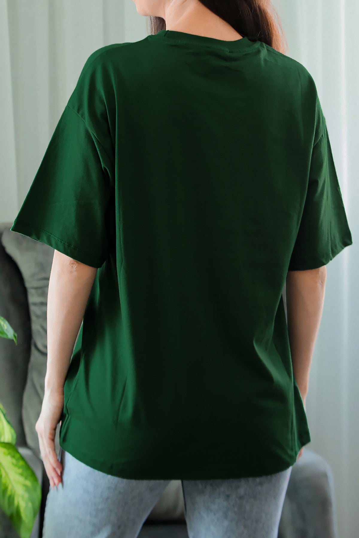 Kadın Bisiklet Yaka Oversize T-shirt Zümrüt