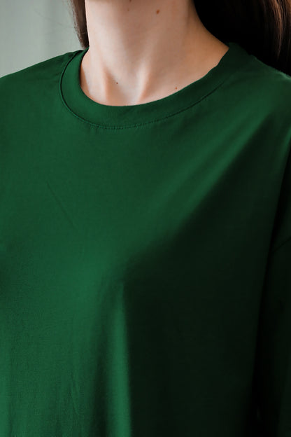 Kadın Bisiklet Yaka Oversize T-shirt Zümrüt