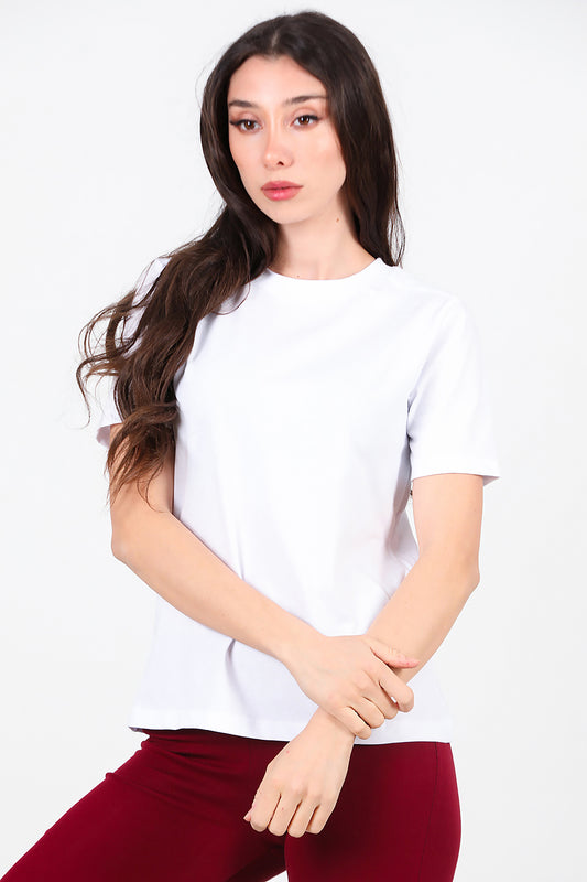 Kadın Omzu Çimalı Basic T-Shirt Ekru