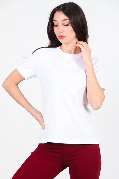 Kadın Omzu Çimalı Basic T-Shirt Ekru