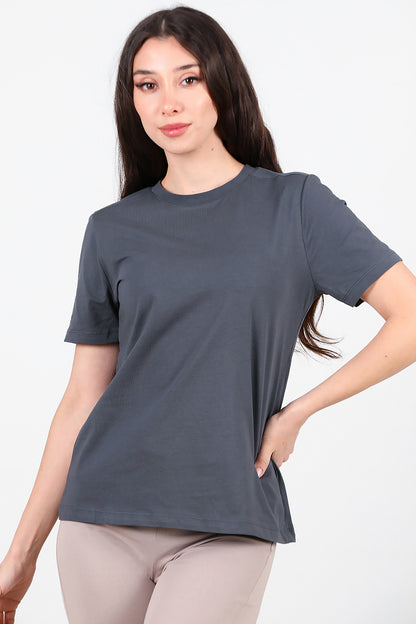 Kadın Omzu Çimalı Basic T-Shirt Füme