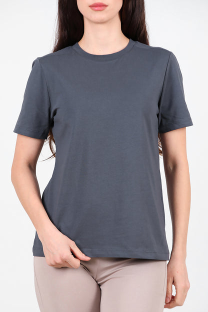 Kadın Omzu Çimalı Basic T-Shirt Füme