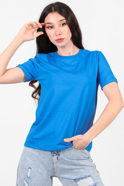 Kadın Omzu Çimalı Basic T-Shirt Saks