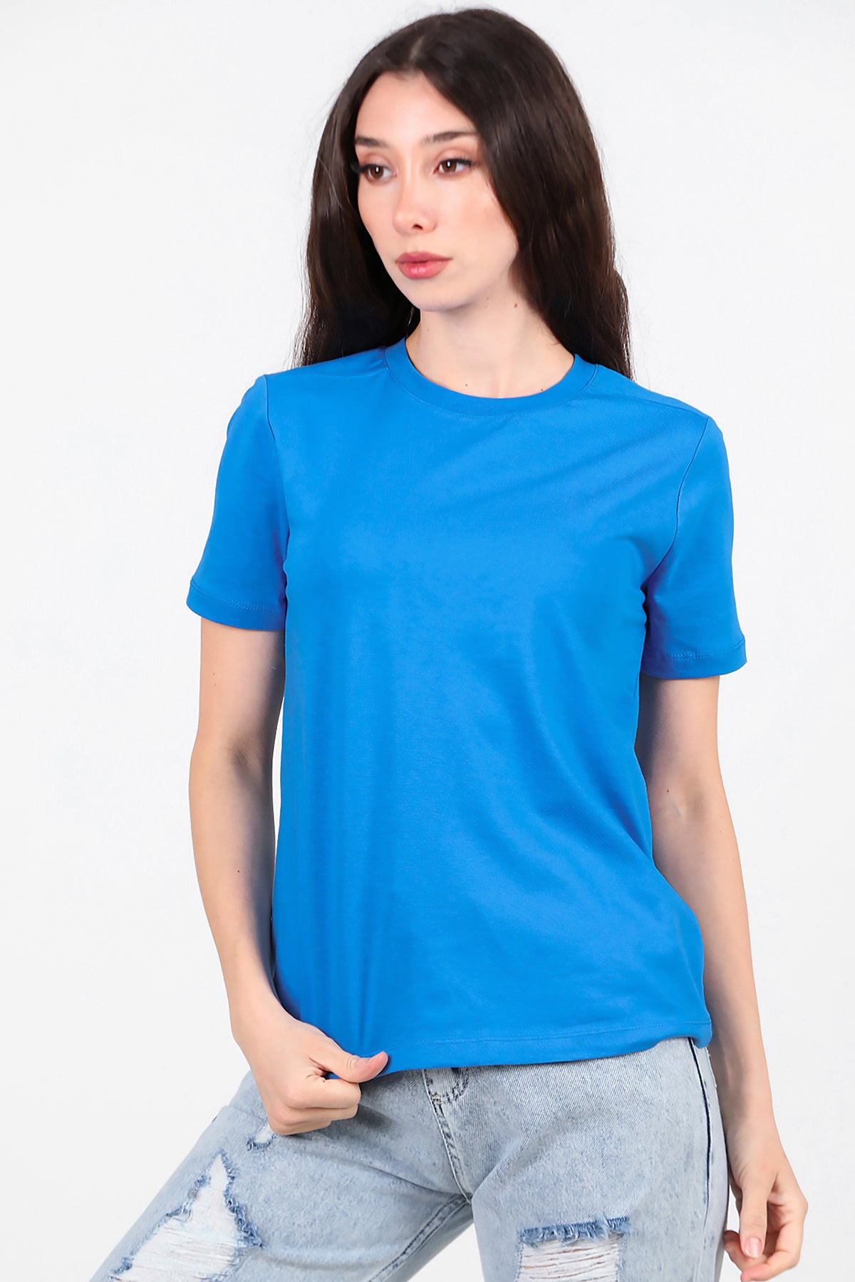 Kadın Omzu Çimalı Basic T-Shirt Saks