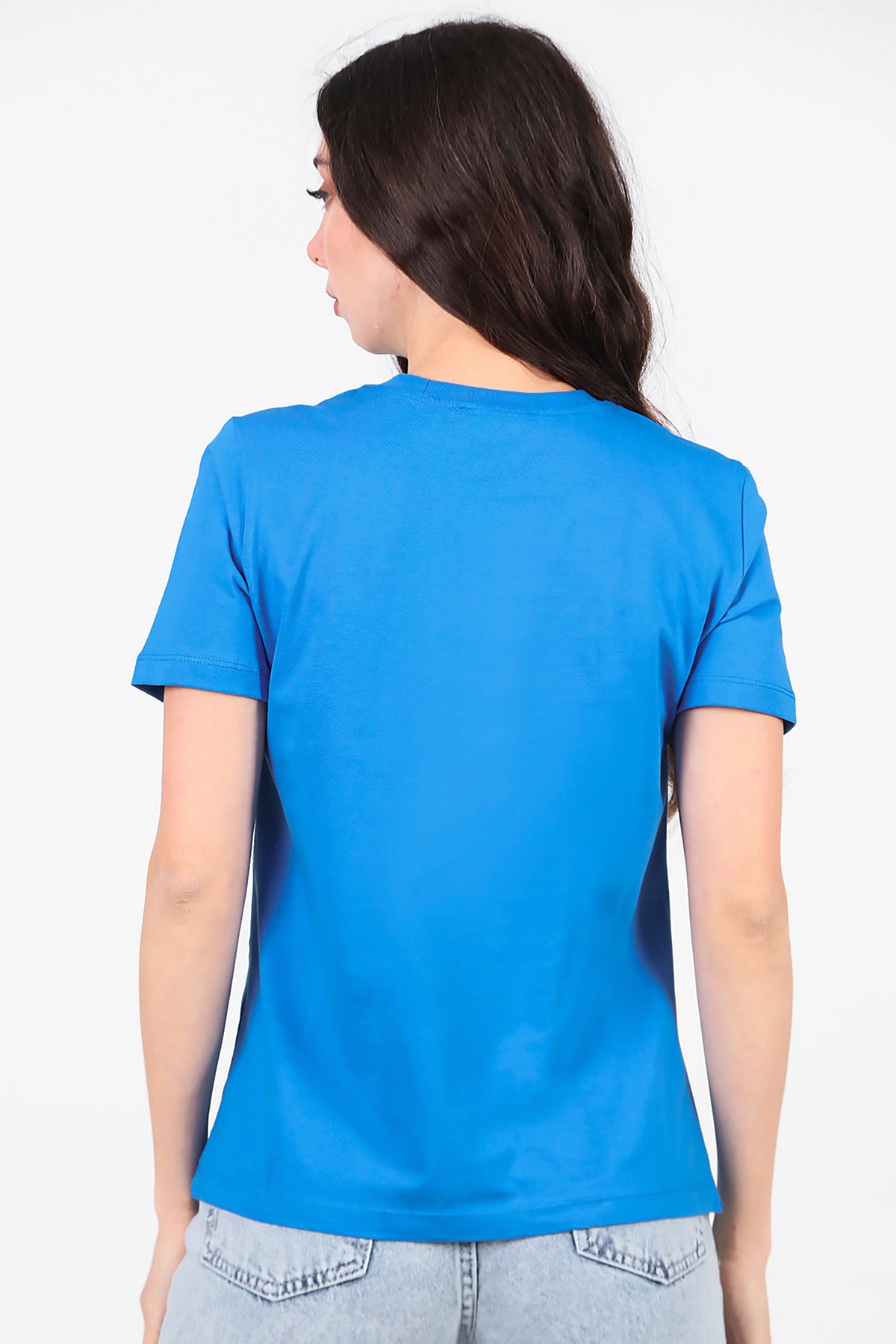 Kadın Omzu Çimalı Basic T-Shirt Saks