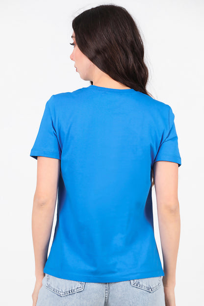 Kadın Omzu Çimalı Basic T-Shirt Saks