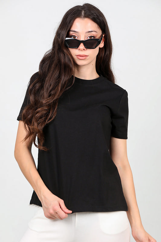 Kadın Omzu Çimalı Basic T-Shirt Siyah