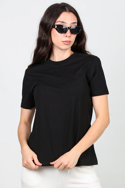 Kadın Omzu Çimalı Basic T-Shirt Siyah
