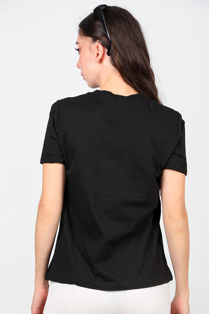 Kadın Omzu Çimalı Basic T-Shirt Siyah
