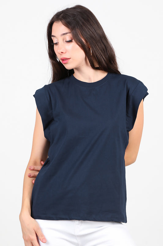 Kadın Çift Kat Kol Bisiklet Yaka T-Shirt Lacivert