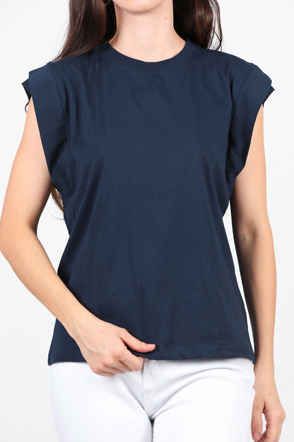 Kadın Çift Kat Kol Bisiklet Yaka T-Shirt Lacivert