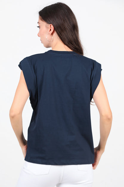 Kadın Çift Kat Kol Bisiklet Yaka T-Shirt Lacivert