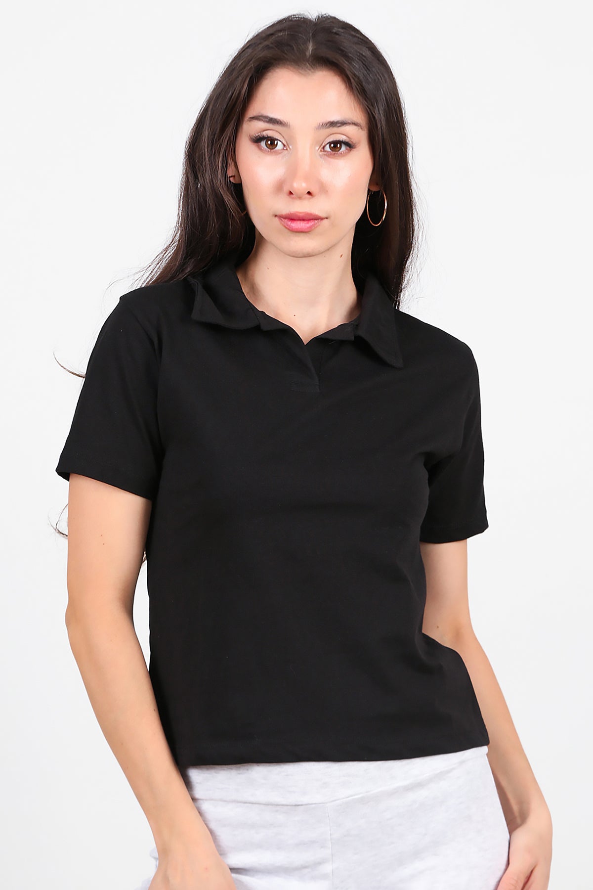 Kadın Yakalı T-Shirt Siyah