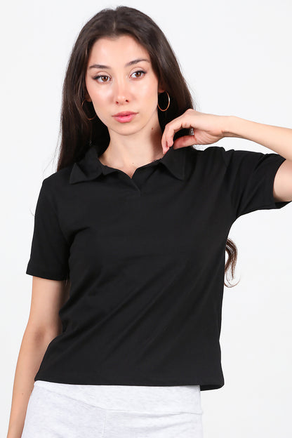 Kadın Yakalı T-Shirt Siyah