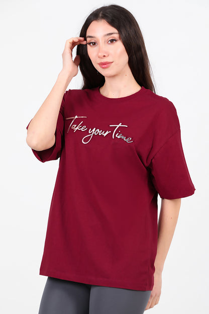 Kadın Ön Yazılı T-Shirt Bordo