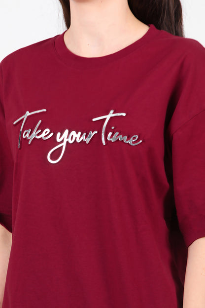 Kadın Ön Yazılı T-Shirt Bordo