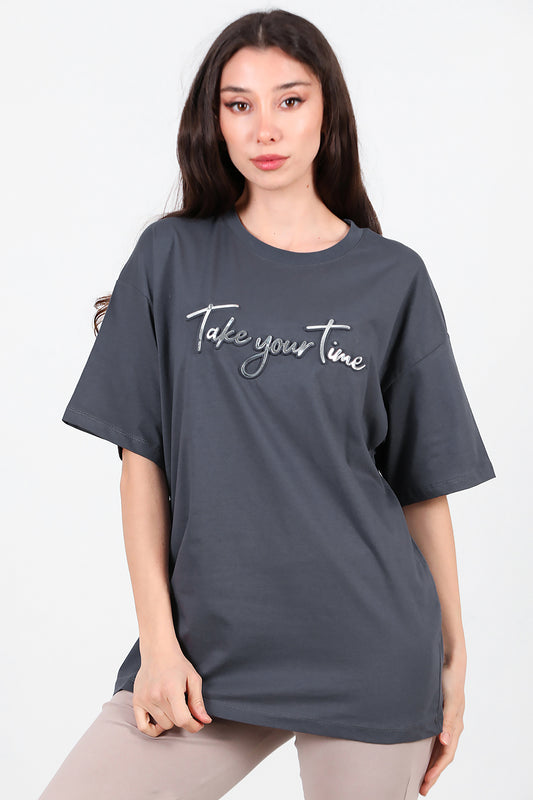 Kadın Ön Yazılı T-Shirt Füme