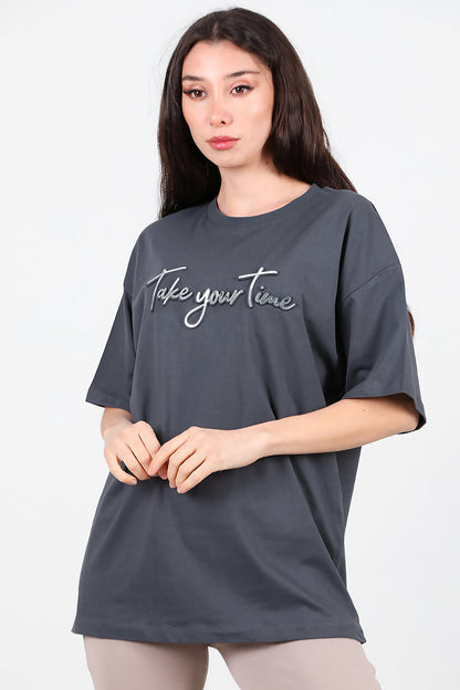 Kadın Ön Yazılı T-Shirt Füme