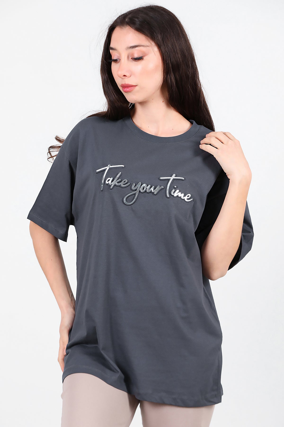 Kadın Ön Yazılı T-Shirt Füme