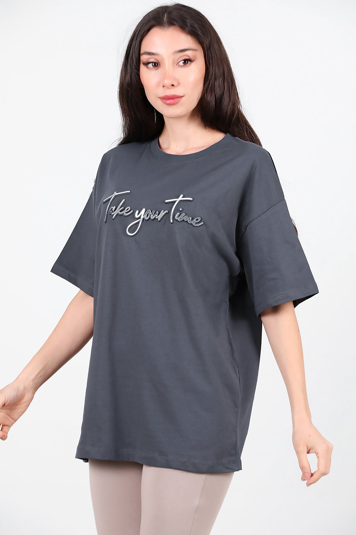 Kadın Ön Yazılı T-Shirt Füme