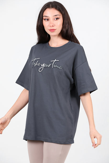 Kadın Ön Yazılı T-Shirt Füme