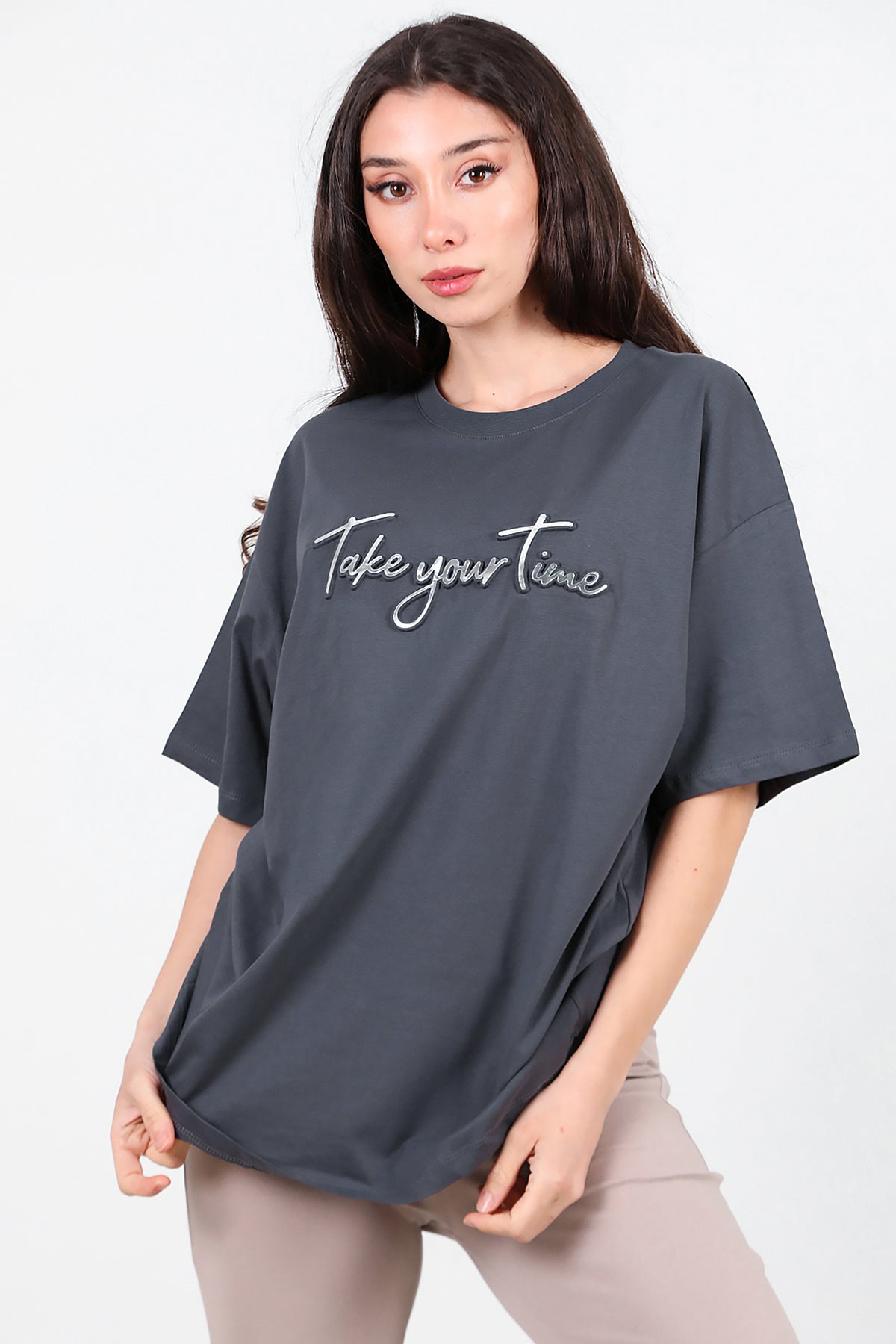 Kadın Ön Yazılı T-Shirt Füme