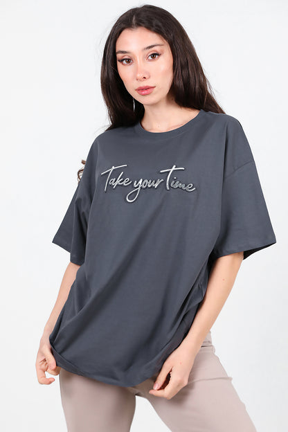Kadın Ön Yazılı T-Shirt Füme