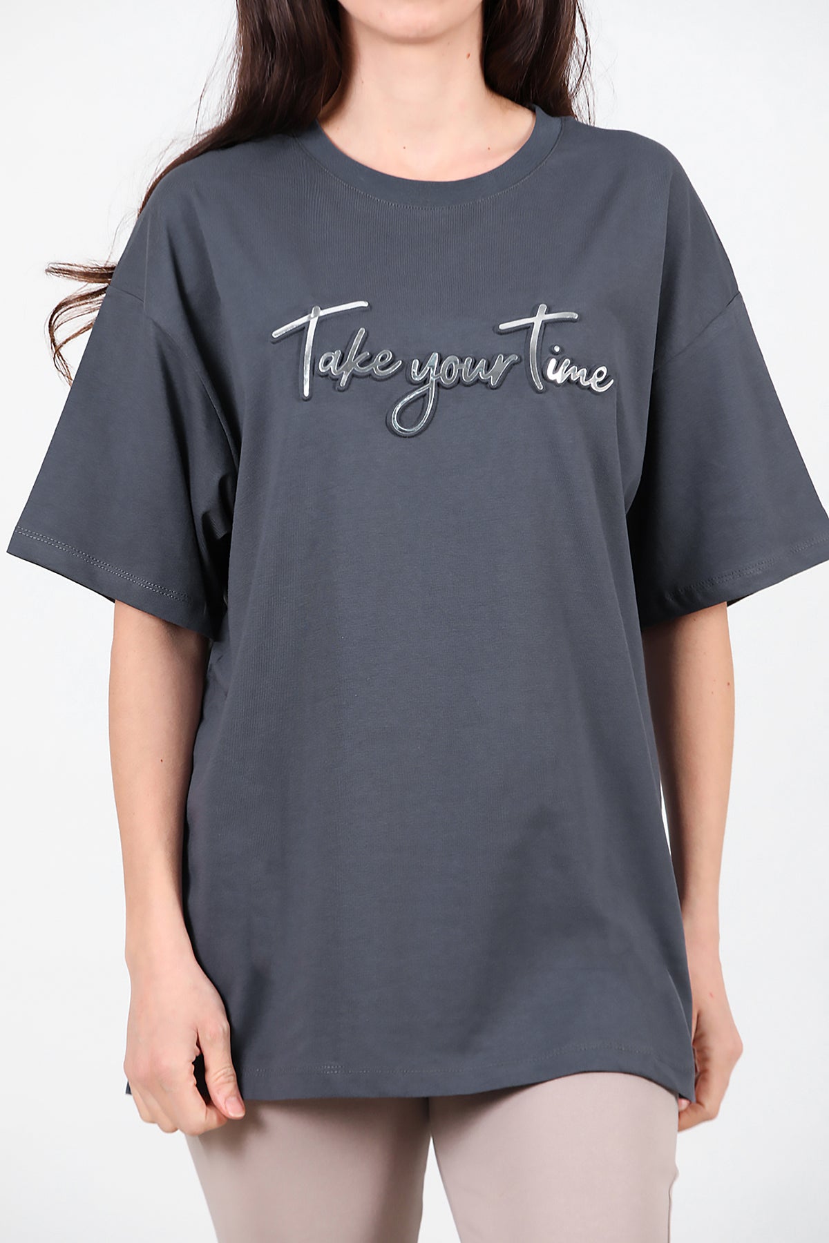 Kadın Ön Yazılı T-Shirt Füme