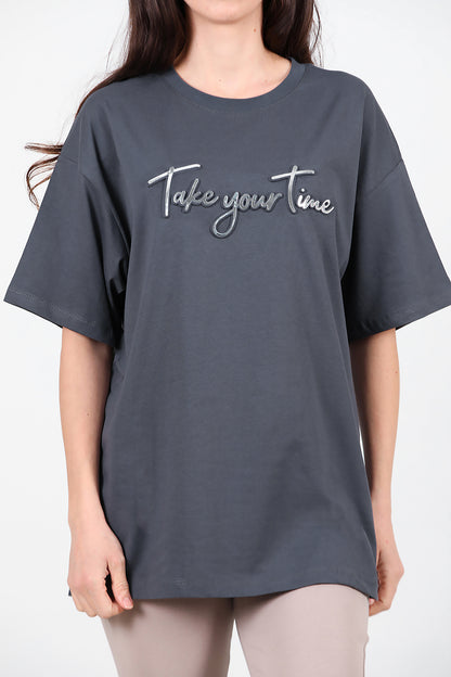 Kadın Ön Yazılı T-Shirt Füme