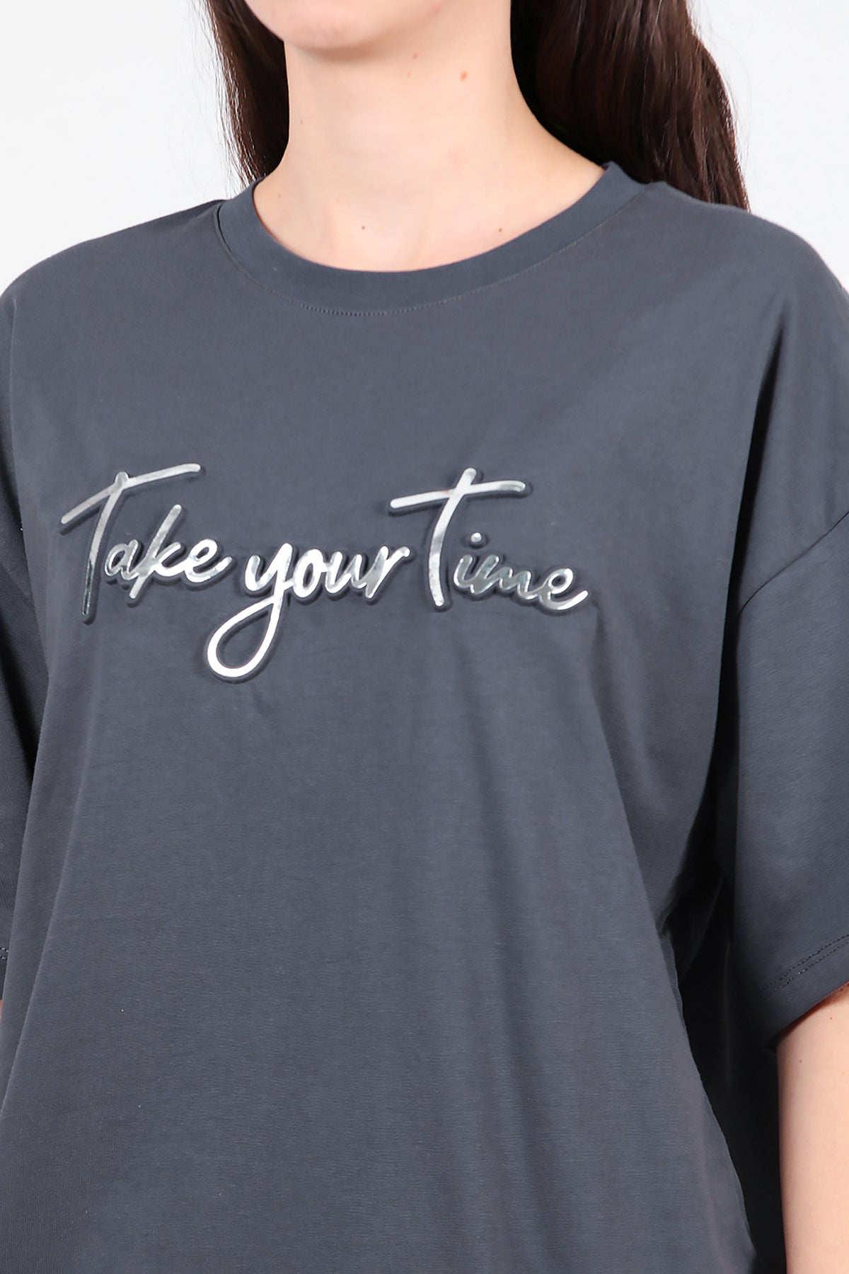 Kadın Ön Yazılı T-Shirt Füme