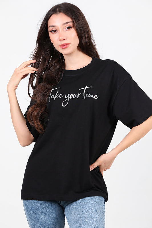 Kadın Ön Yazılı T-Shirt Siyah