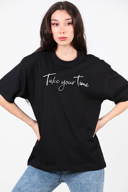 Kadın Ön Yazılı T-Shirt Siyah
