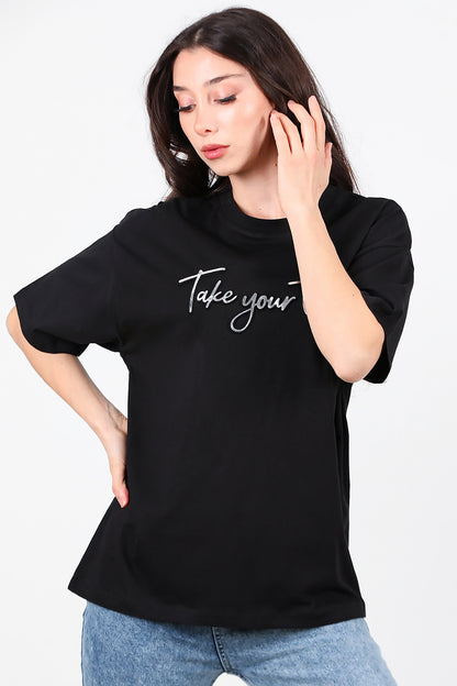Kadın Ön Yazılı T-Shirt Siyah