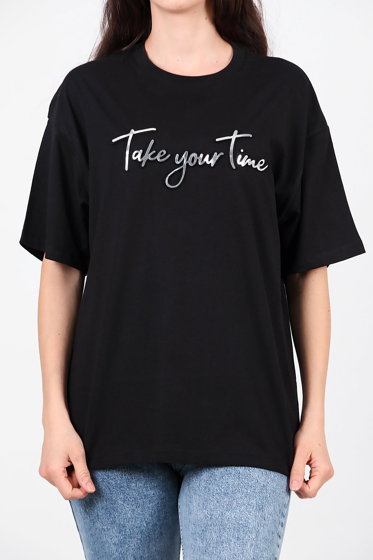 Kadın Ön Yazılı T-Shirt Siyah