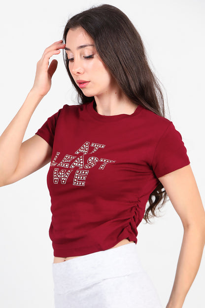 Kadın Yan Büzgülü Taş İşlemeli T-Shirt Bordo