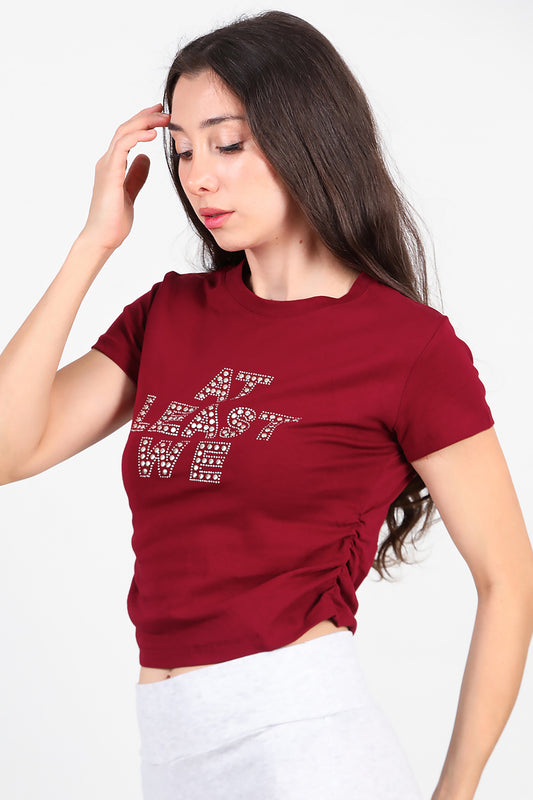 Kadın Yan Büzgülü Taş İşlemeli T-Shirt Bordo