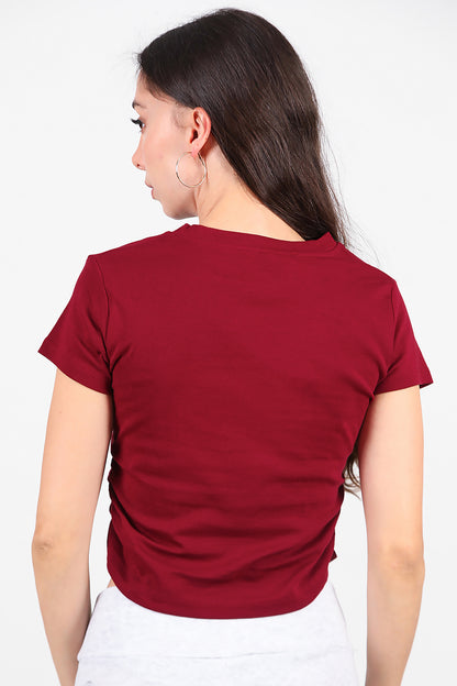 Kadın Yan Büzgülü Taş İşlemeli T-Shirt Bordo