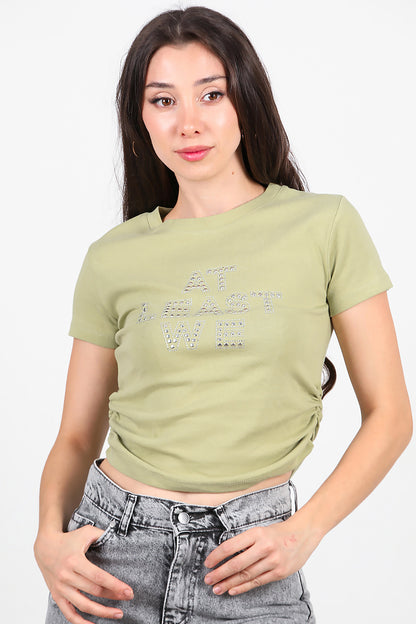 Kadın Yan Büzgülü Taş İşlemeli T-Shirt Haki
