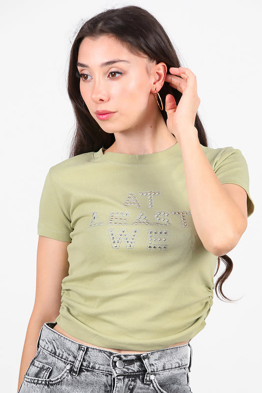 Kadın Yan Büzgülü Taş İşlemeli T-Shirt Haki