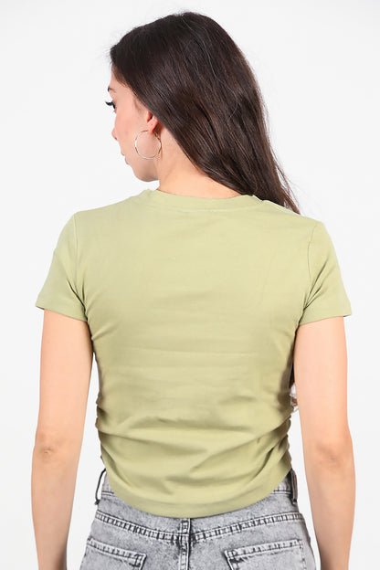 Kadın Yan Büzgülü Taş İşlemeli T-Shirt Haki