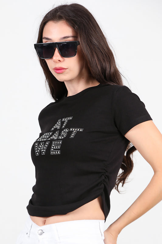 Kadın Yan Büzgülü Taş İşlemeli T-Shirt Siyah