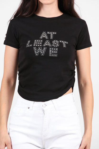 Kadın Yan Büzgülü Taş İşlemeli T-Shirt Siyah